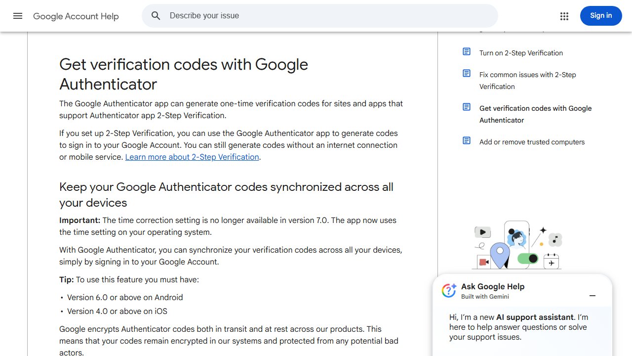 support.google.com 官方页面截图：Get verification codes with Google Authenticator - Android