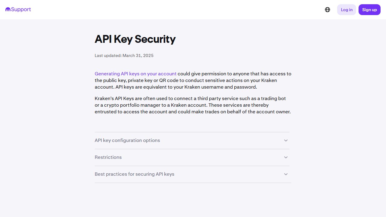support.kraken.com 官方页面截图：API Key Security | Kraken